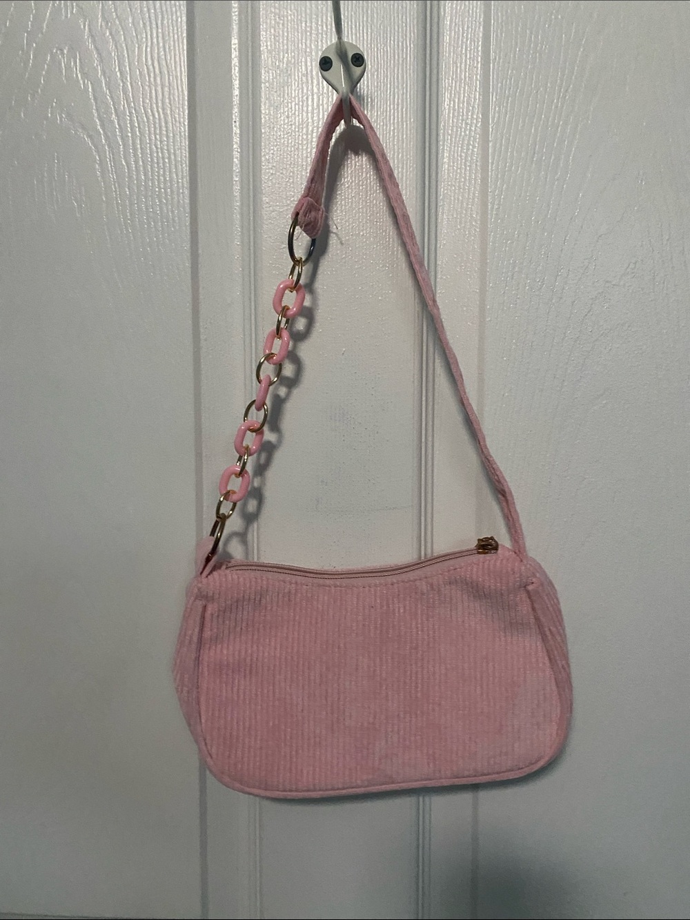 Pink Corduroy Shoulder Bag with Chain Accent